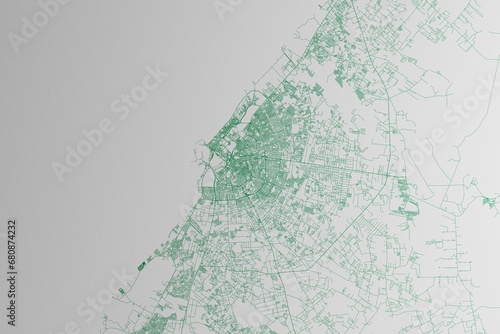 Map of the streets of Benghazi (Libya) made with green lines on white paper. 3d render, illustration photo