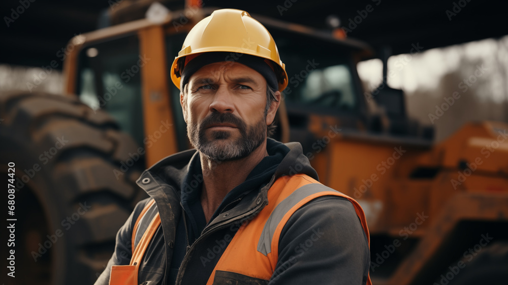 Portrait of a senior man working on construction site, wearing helmet and vest. Portrait of a senior man working on construction site, wearing helmet and vest.