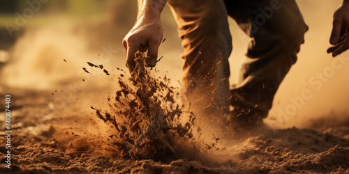 Close-up of a man running through sand in a dirt track. Closeup of a man splashing mud in the desert. Mixed media