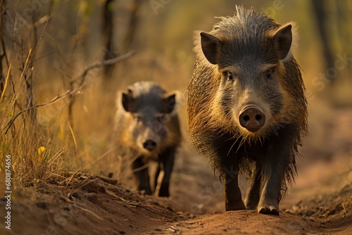 Peccaries in natural desert environment. Wildlife photography