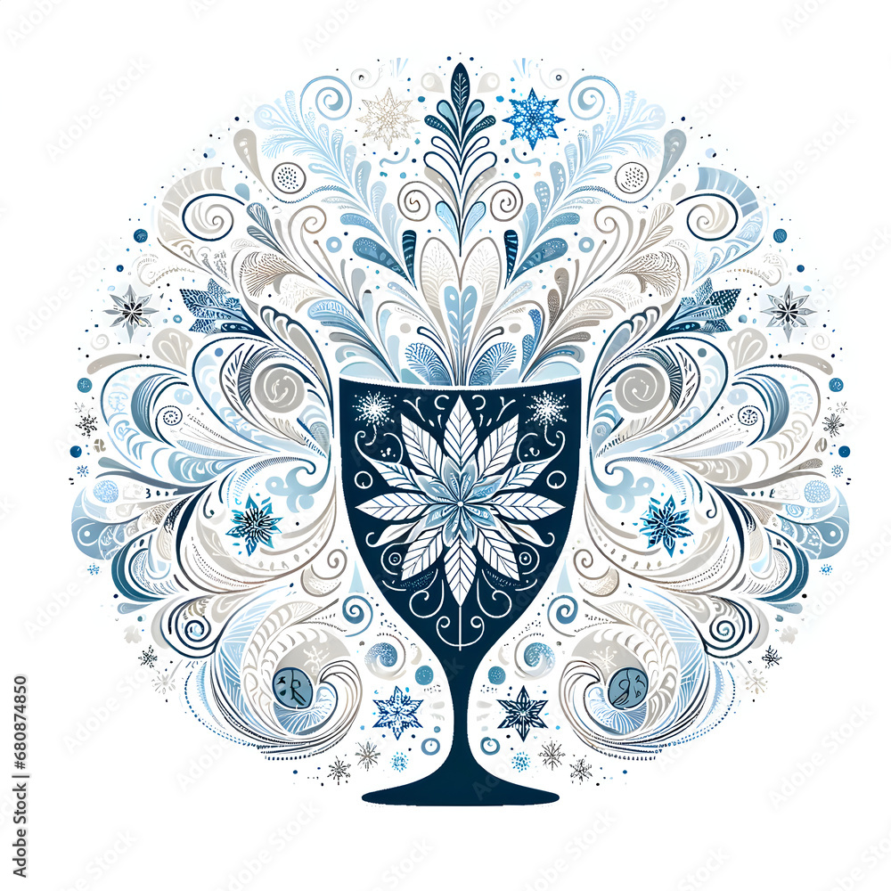 Enchanted Blue Goblet Illustration: A Symmetry of Nature's Elegance - Decorative Chalice with Abstract Floral and Leaf Motifs for Fantasy and Growth Concepts