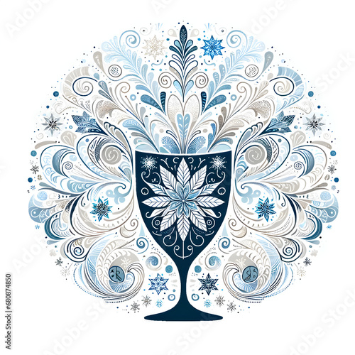 Enchanted Blue Goblet Illustration: A Symmetry of Nature's Elegance - Decorative Chalice with Abstract Floral and Leaf Motifs for Fantasy and Growth Concepts