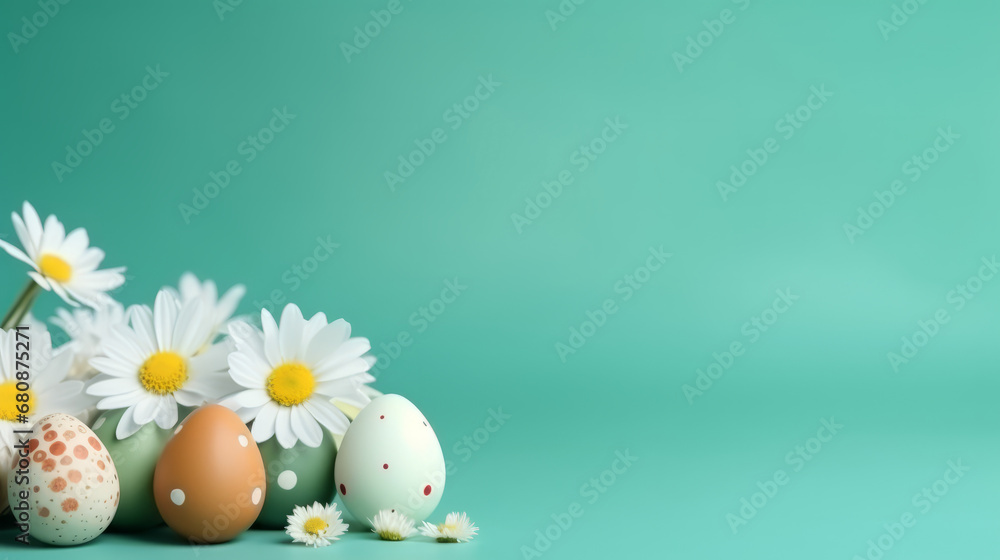 Easter background with colorful painted eggs and spring flowers and copy space on isolated green color