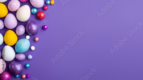 Easter background with colorful painted eggs and copy space on isolated purple color