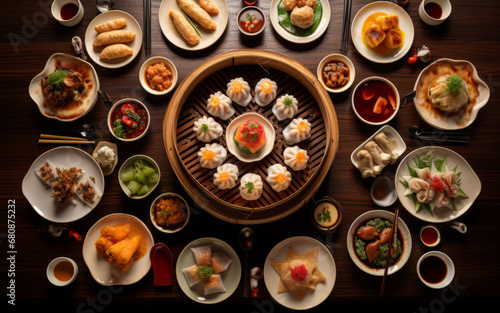 Dim sum food with many asian dishes
