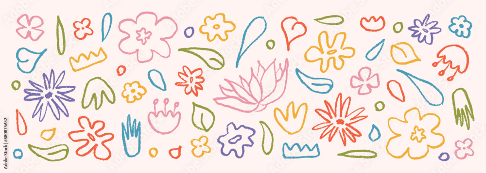 Set hand drawn in color brush linear flowers. Abstract modern background with plants Set hand drawn in color brush linear flowers. Abstract modern background with plants