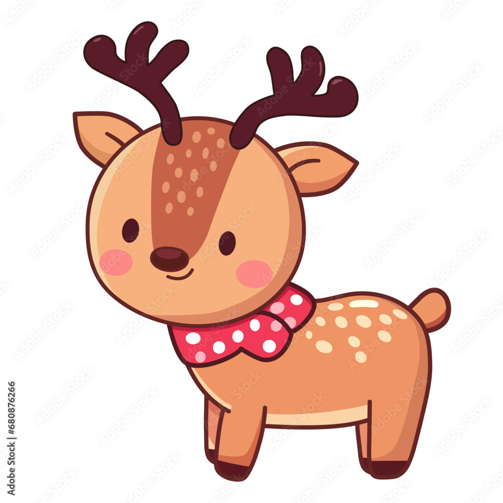 Obraz premium Cute Reindeer with horns red scarf. Christmas Cartoon vector illustration.