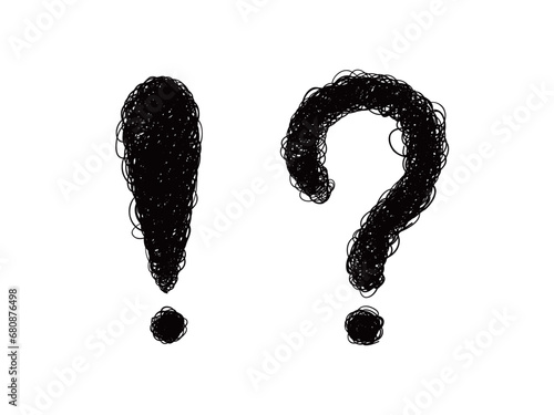 混乱した雰囲気の糸を絡めたようなびっくりマークとクエスチョンマーク