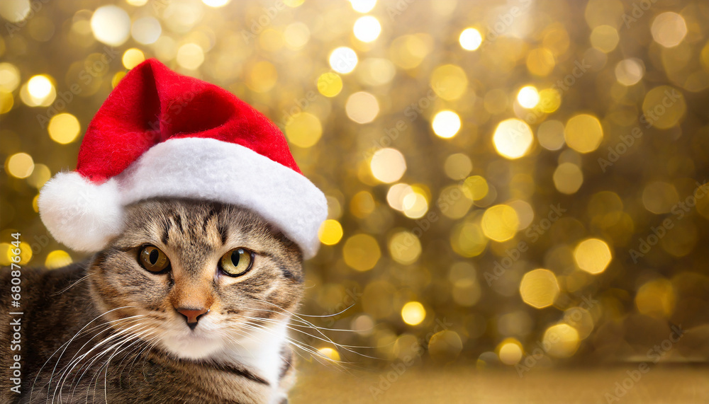 Cat with Santa hat on golden bokeh background Cat with Santa hat on golden bokeh background