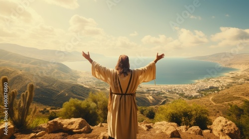 Old prophet in robe with beard prays smiling with widely spread arms raised to sky standing on hill by lake. Old happy prophet prays to God for good harvest on top of mountain near reservoir photo