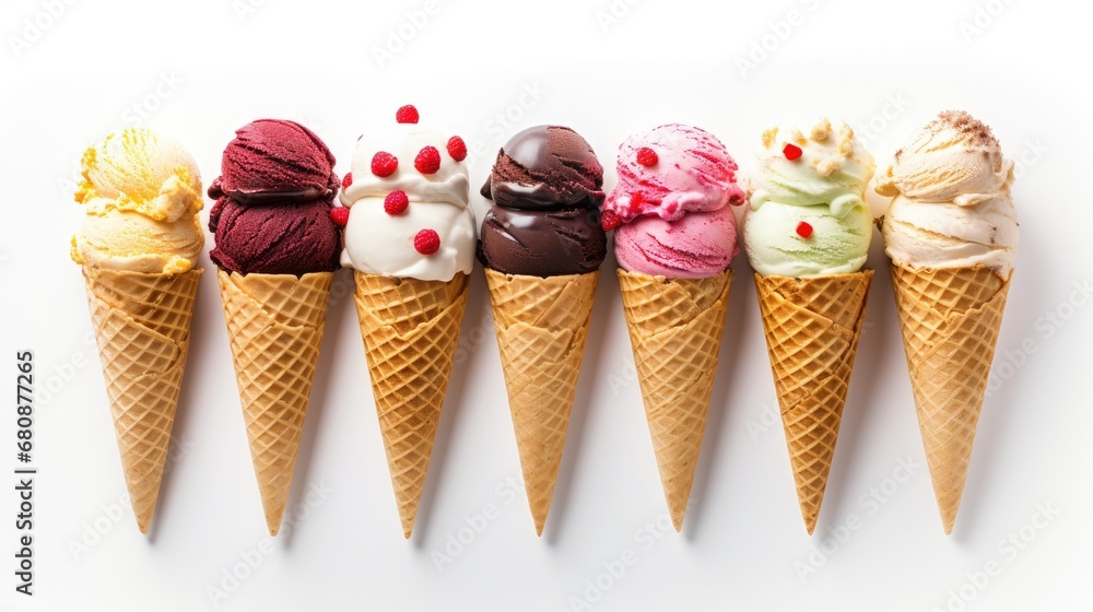 Ice cream cone in different flavour isolated on white background, banner copy space, banner copy space, ai generative