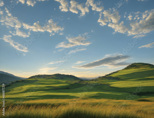 landscape with mountains and sky, A scenic backdrop of a flourishing grass covered hill