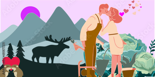 Valentine outdoor couple in love, man and woman in love with kiss background of moose and mountains in Alaska , vector illustration