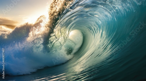 Inside view of a dynamic, foamy ocean wave