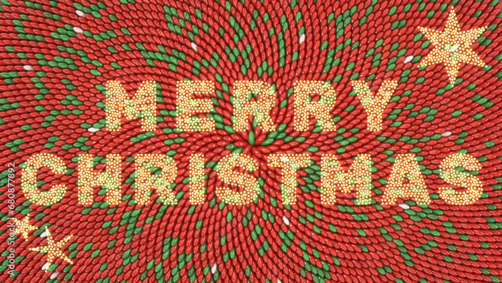 Modern Digital Merry Christmas Wallpaper Formed from Interconnected Light Nodes on a Background of Red and Green Capsules Arranged in Spiral