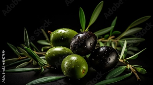Clipping route of black and green olives with leaves isolated on white backdrop/.