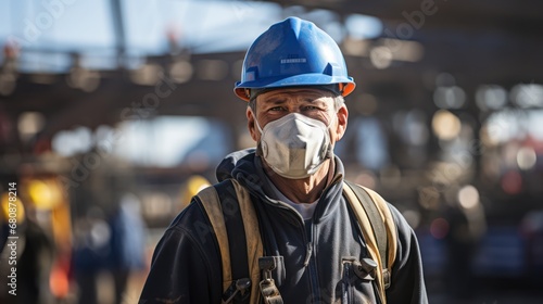 The worker is using protective face mask to protect himself from covid-19. Coronaviruses can cause colds with major symptoms, such as fever, and a sore throat from swollen adenoids.