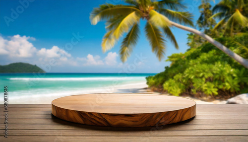 Empty wooden round platform with tropical beach background. For product showing © Giuseppe Cammino