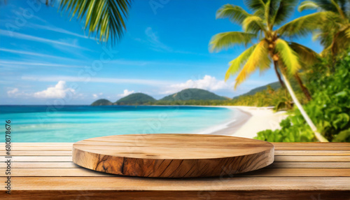 Empty wooden round platform with tropical beach background. For product showing © Giuseppe Cammino
