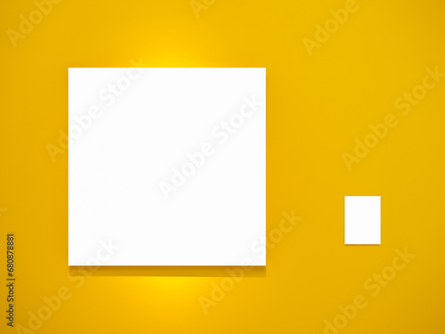 Mock up blank square canvas frame and white empty work caption for size, technique and artwork concept, hanging on yellow wall background. Template, empty space for artist paintings or photography.