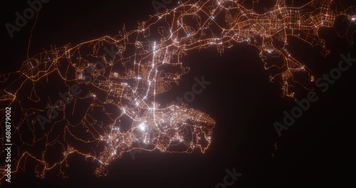 Wallpaper Mural Dalian (China) aerial view at night. Top view on modern city with street lights. Camera is zooming out, rotating clockwise Torontodigital.ca