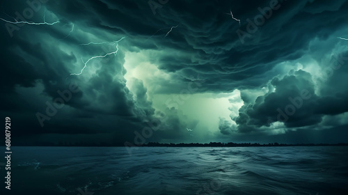Dramatic sky with clouds. Black blue green night sky. Thunderstorm. Dark teal color background. Ominous, frightening. Made with generative ai © ferid