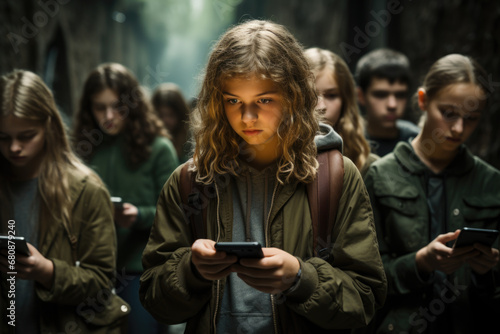 Focused girl using smartphone among peers. The concept reflects digital absorption in youth.