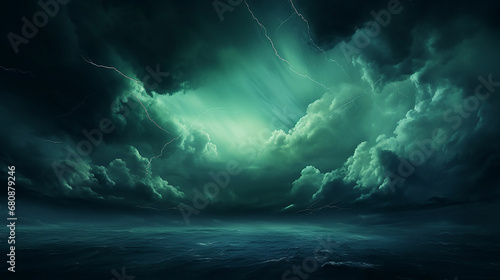 Dramatic sky with clouds. Black blue green night sky. Thunderstorm. Dark teal color background. Ominous, frightening. Made with generative ai