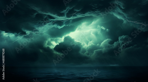 Dramatic sky with clouds. Black blue green night sky. Thunderstorm. Dark teal color background. Ominous, frightening. Made with generative ai