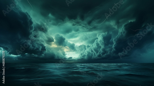 Dramatic sky with clouds. Black blue green night sky. Thunderstorm. Dark teal color background. Ominous, frightening. Made with generative ai © ferid