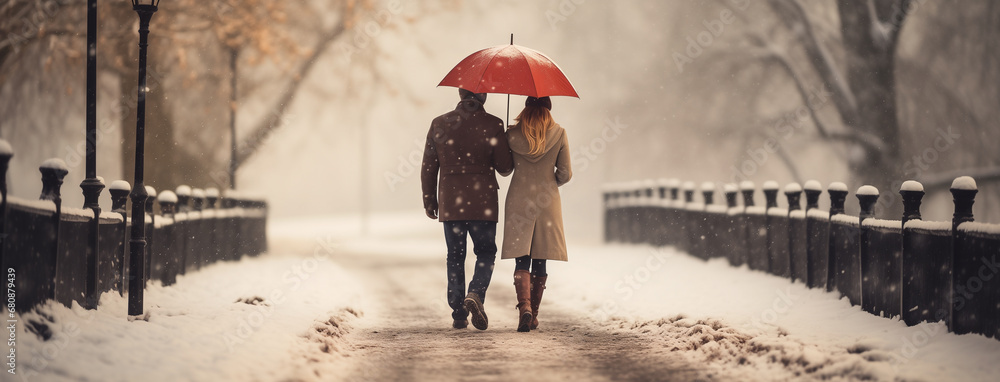 Snowy weather environment, Couple walking on cold day in winter through a road with umbrella and surrounded by white snow	 - obrazy, fototapety, plakaty 