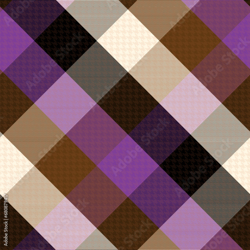 Check Plaid Seamless Pattern, Diagonal Gingham Buffalo Vector Pixel in Black, Brown and Purple, Simple Tartan Background Graphic with Hound Tooth Line Grid
