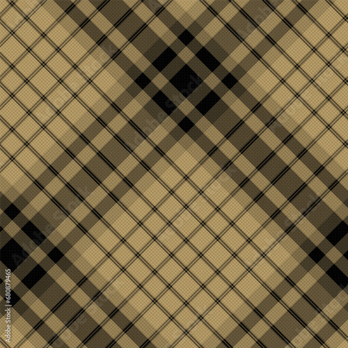 Check Plaid Seamless Pattern, Diagonal Gingham Lumberjack Vector Pixel in Black, Camel (Mellow), Simple Tartan Background Graphic with Herringbone Line Grid