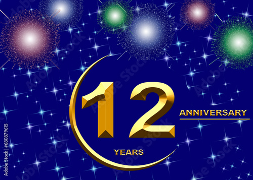12 anniversary. golden numbers on a festive background. poster or card for anniversary celebration, party