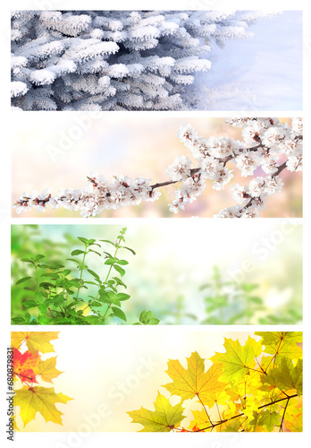 Four seasons of year. Set of horizontal nature banners with winter, spring, summer and autumn scenes. Nature collage with seasonal scenics