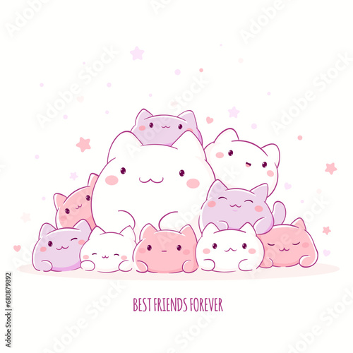 Cute fat kittens in kawaii style. Square card with lovely little cats. Inscription Best friends forever. Can be used for t-shirt print, stickers, greeting card design. Vector illustration EPS8