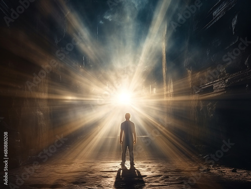 Male stand back and look to light of new civilization, new age concept.
