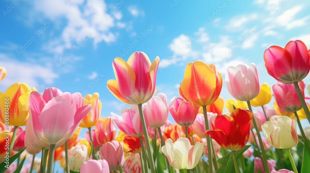 Close up photo of beautiful meadow field with tulip flowers on shallow depth of field. Artistic image with a soft focus. Illustration. Summer and spring backgrounds
