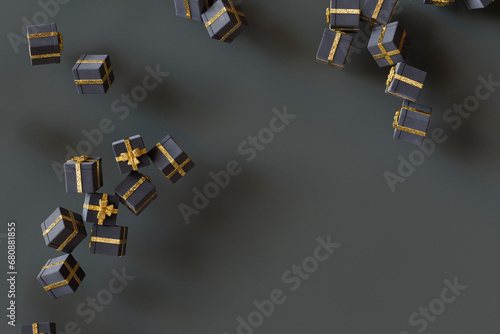 3D render of gray colored Christmas presents falling against gray background photo