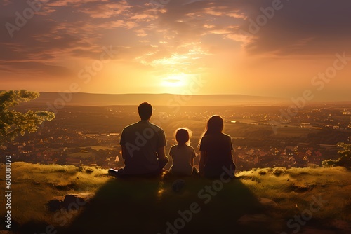 A family sits together on a hill at sunset, overlooking a scenic valley with the warm glow of the evening sun.