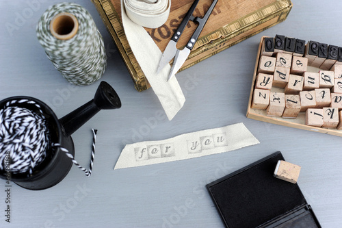 Short phrase stamped by block shaped wooden stamps photo