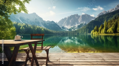 On the pier, there is a cozy bistro. Fusine Lake in the dawn light Summer scene of the Julian Alps with the peak in the distance, Background with the theme of nature,s beauty.
