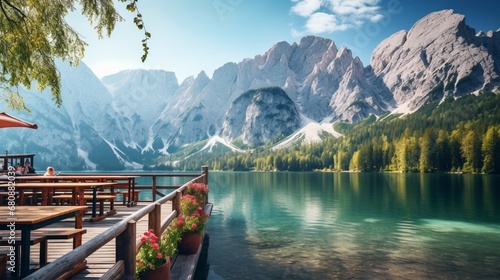 On the pier, there is a cozy bistro. Fusine Lake in the dawn light Summer scene of the Julian Alps with the  peak in the distance, Background with the theme of  nature,s beauty.. photo