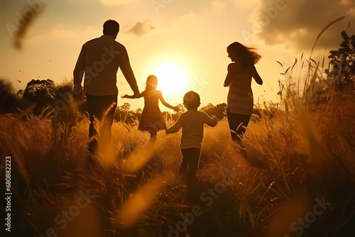 A family joyfully runs through a golden field at sunset, with tall grass around them, silhouetted against the setting sun.