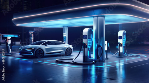 Ev electric vehicle charging station hub with visual icon screen display ui user self refueling interaction recharging, pump cable eco energy environmental friendly transport industry automobile photo