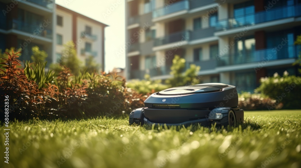 Automatic robotic lawn mower moving on green lawn near modern residential apartment building houses. Automatic robotic lawn mower moving on green lawn near modern residential apartment building houses.