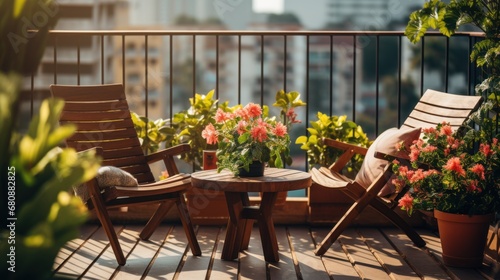 Beautiful balcony or terrace with two chairs, natural material decorations photo