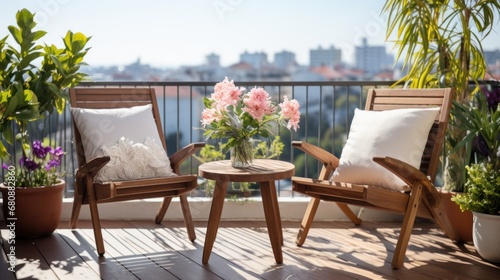 Beautiful balcony or terrace with two chairs, natural material decorations