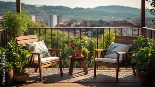 Beautiful balcony or terrace with two chairs  natural material decorations