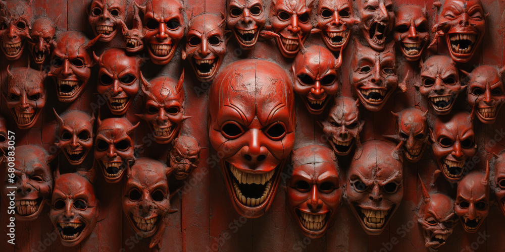 Red demonic faces forming a horrific wall.